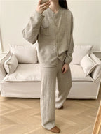 Pocketed Round Neck Button Up Cardigan and Pants Sweater Set.