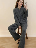Pocketed Round Neck Button Up Cardigan and Pants Sweater Set.