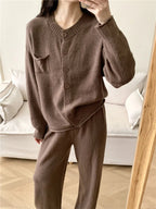 Pocketed Round Neck Button Up Cardigan and Pants Sweater Set.