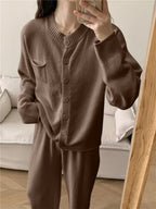 Pocketed Round Neck Button Up Cardigan and Pants Sweater Set.