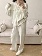 Pocketed Round Neck Button Up Cardigan and Pants Sweater Set.