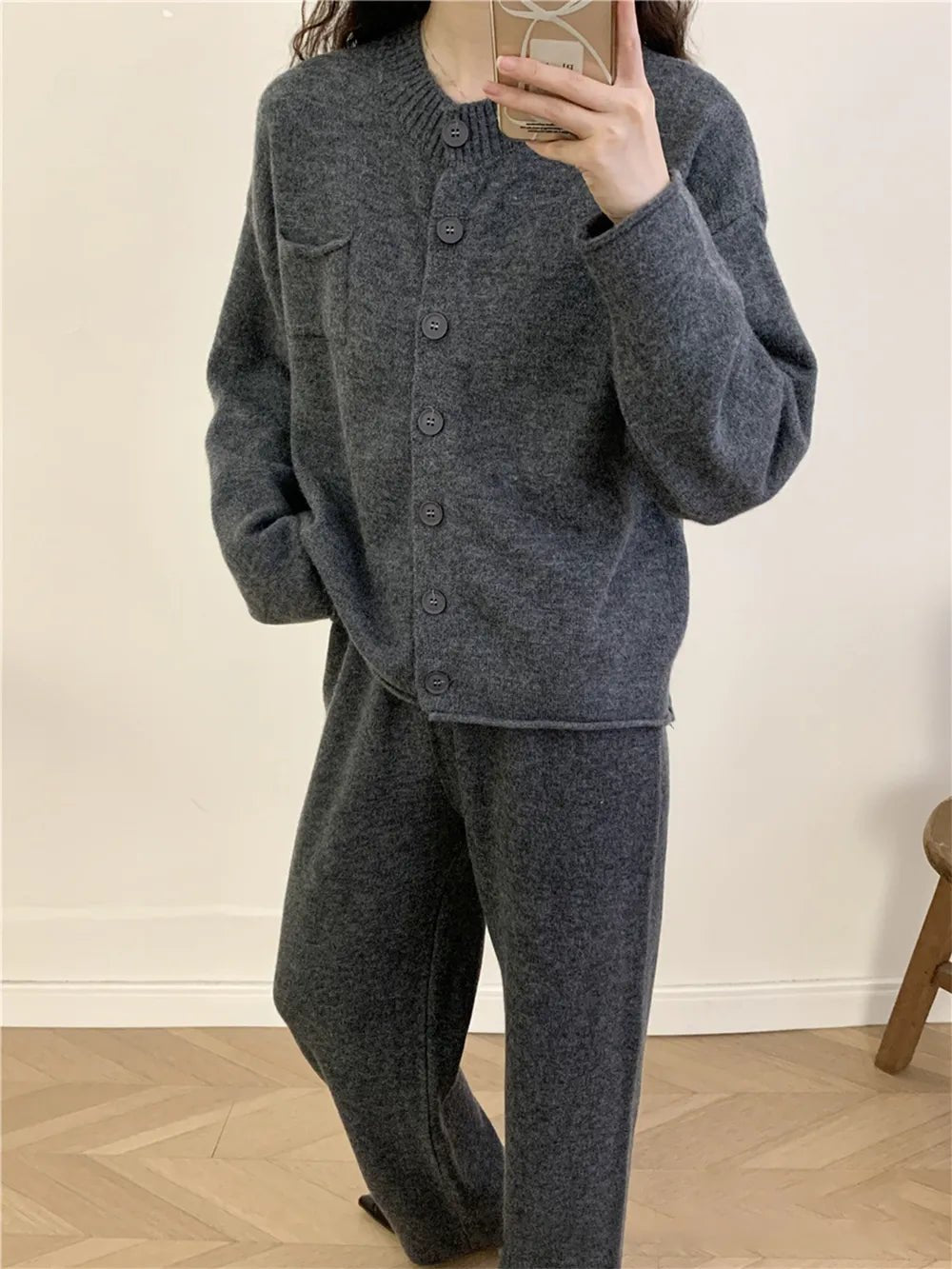 Pocketed Round Neck Button Up Cardigan and Pants Sweater Set.