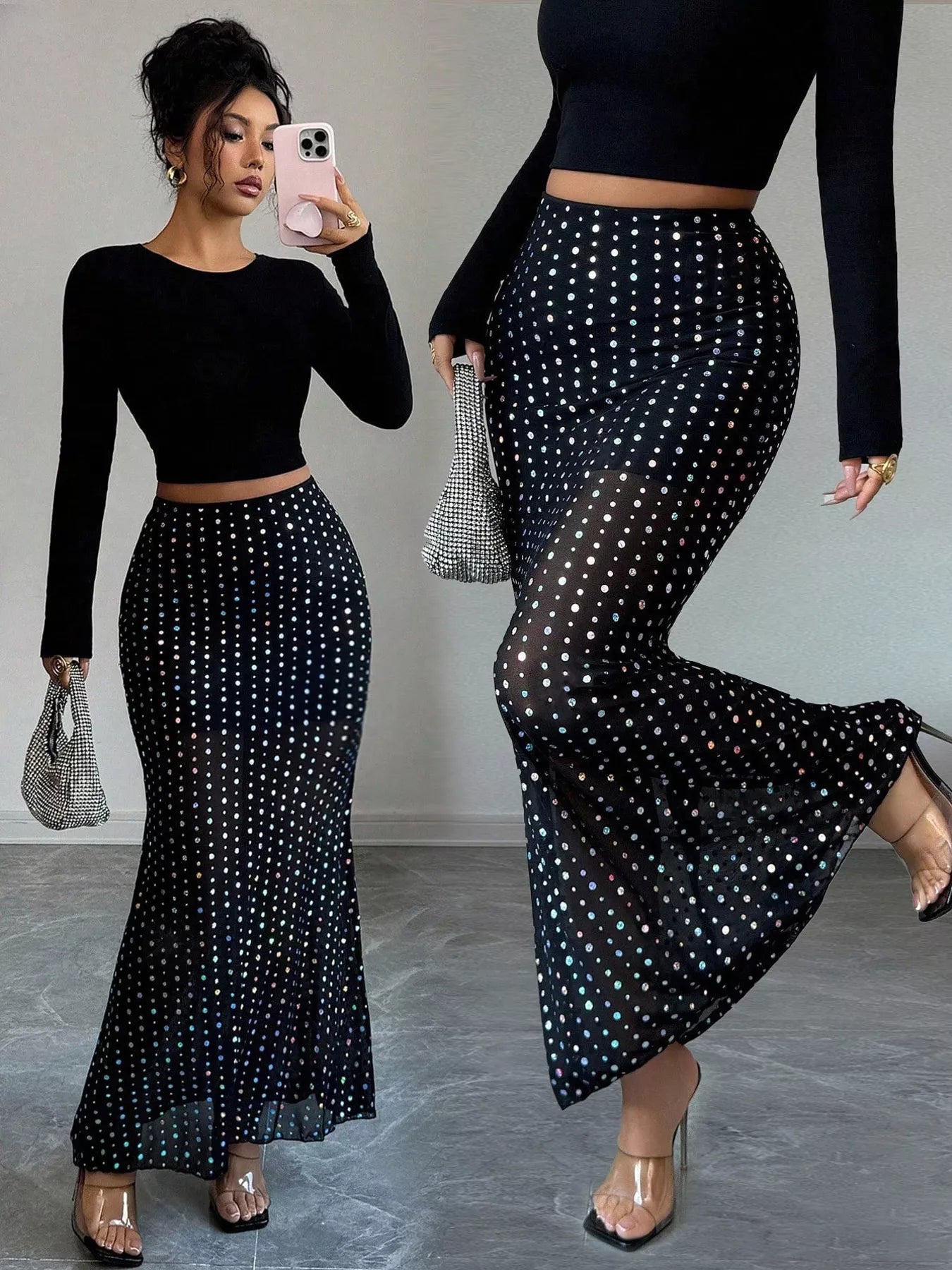 Elegant polka dot maxi skirt showcasing classic design and flowing silhouette for stylish summer wear