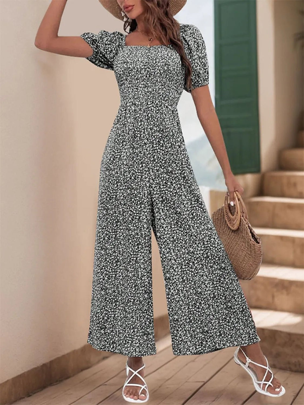 Printed Square Neck Puff Sleeve Jumpsuit