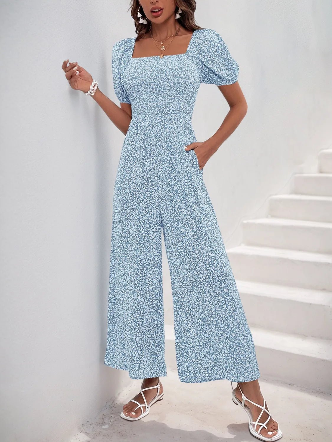 Printed Square Neck Puff Sleeve Jumpsuit