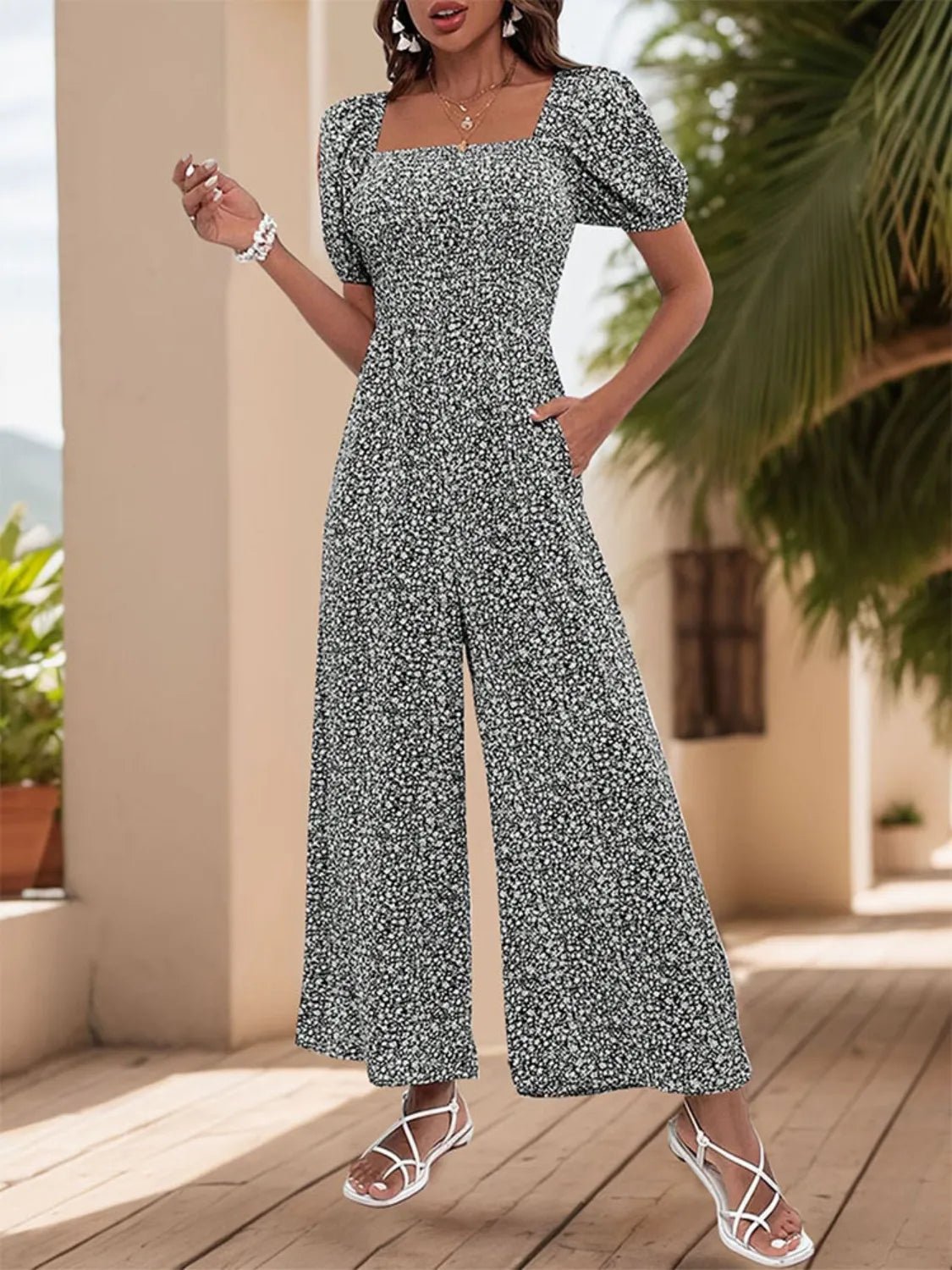 Printed Square Neck Puff Sleeve Jumpsuit