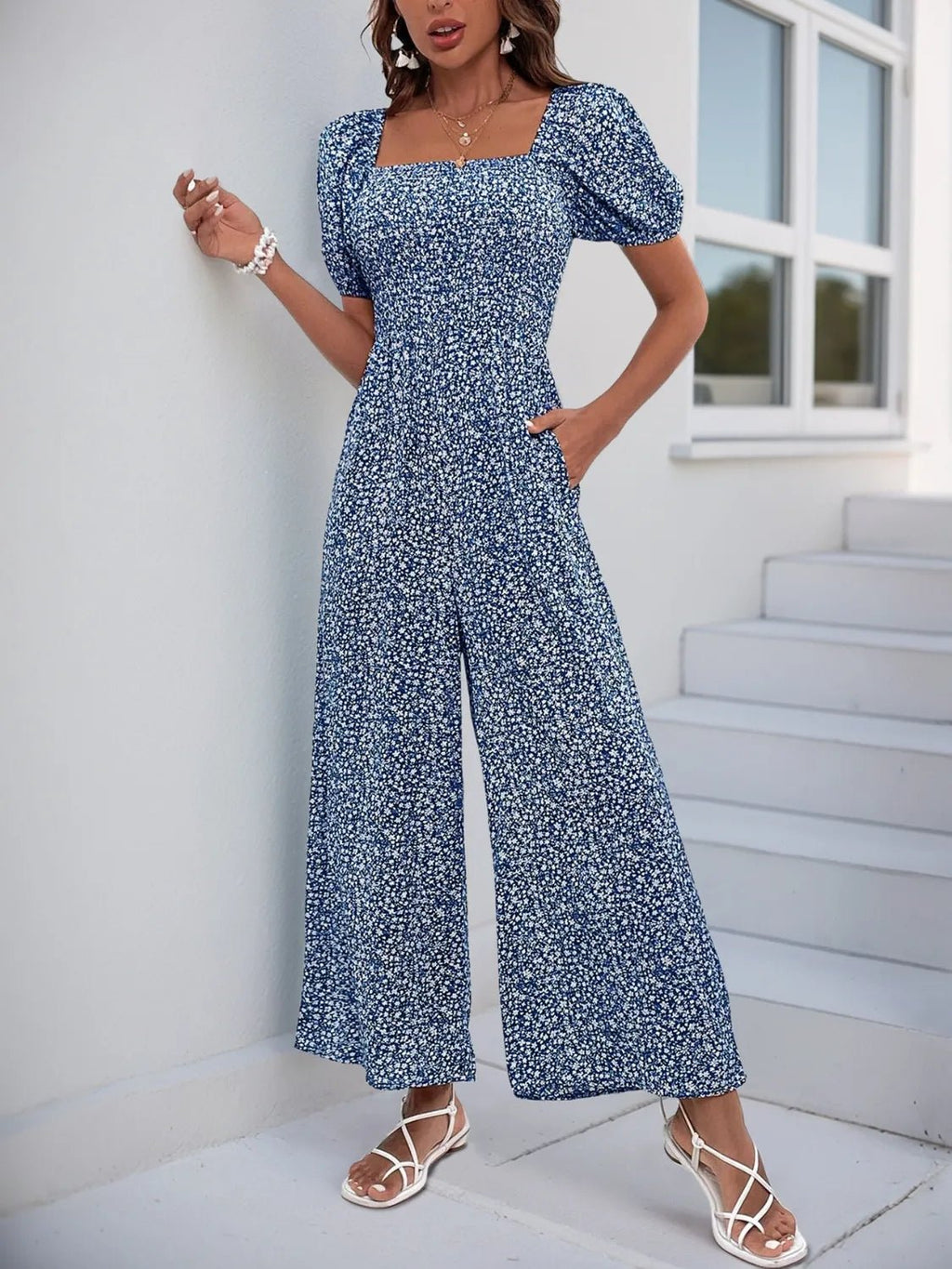 Printed Square Neck Puff Sleeve Jumpsuit
