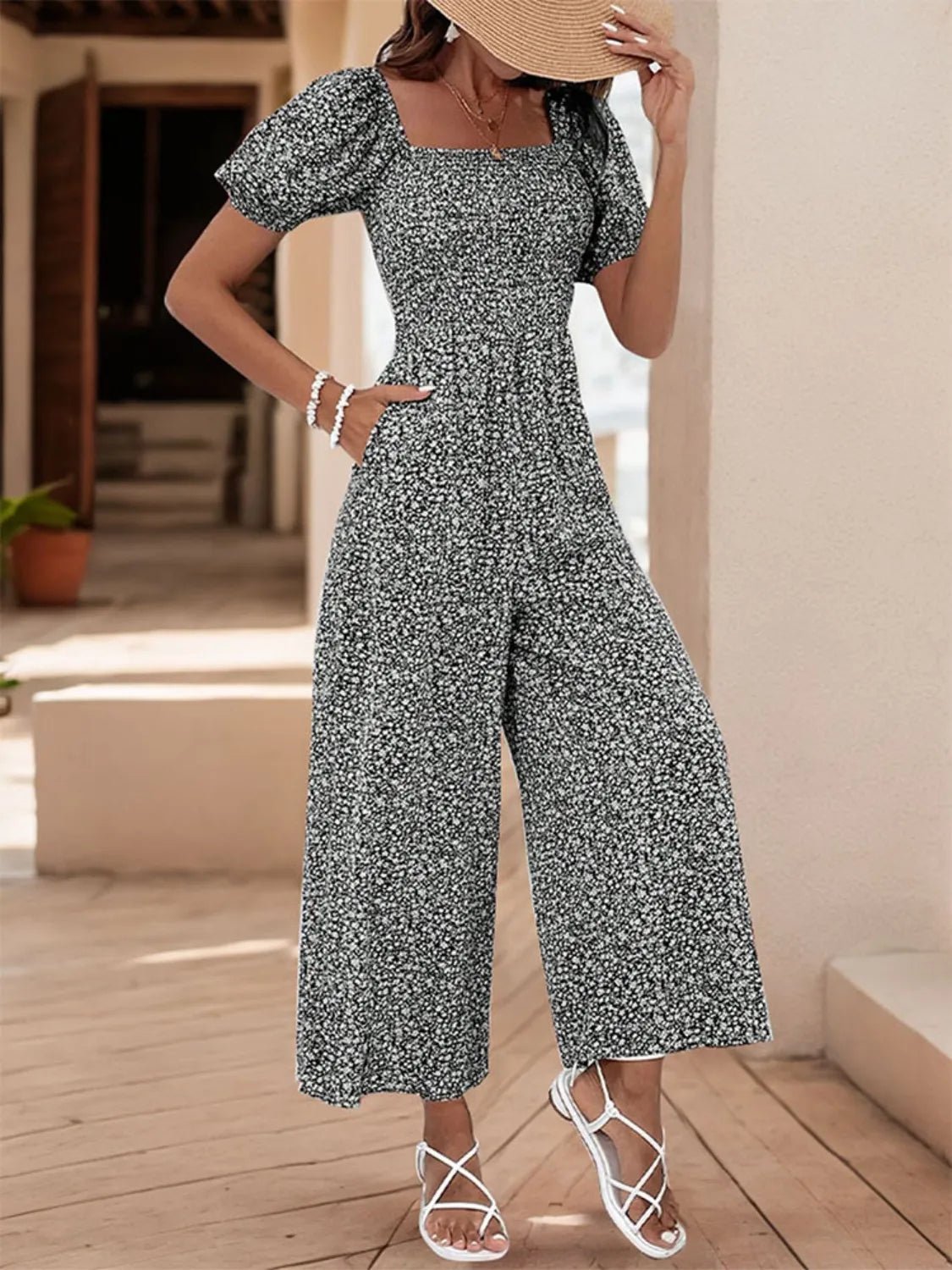 Printed Square Neck Puff Sleeve Jumpsuit
