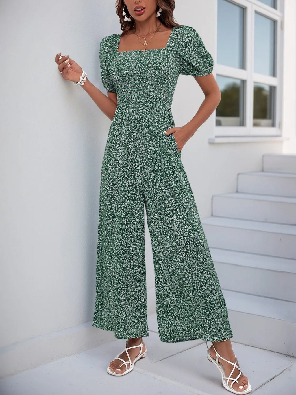 Printed Square Neck Puff Sleeve Jumpsuit.