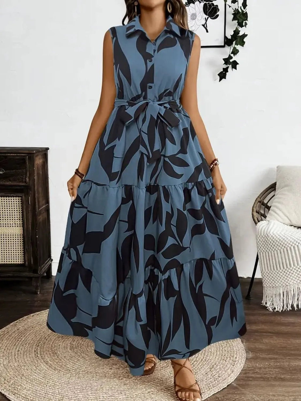 Printed Tie Waist Sleeveless Maxi Dress.