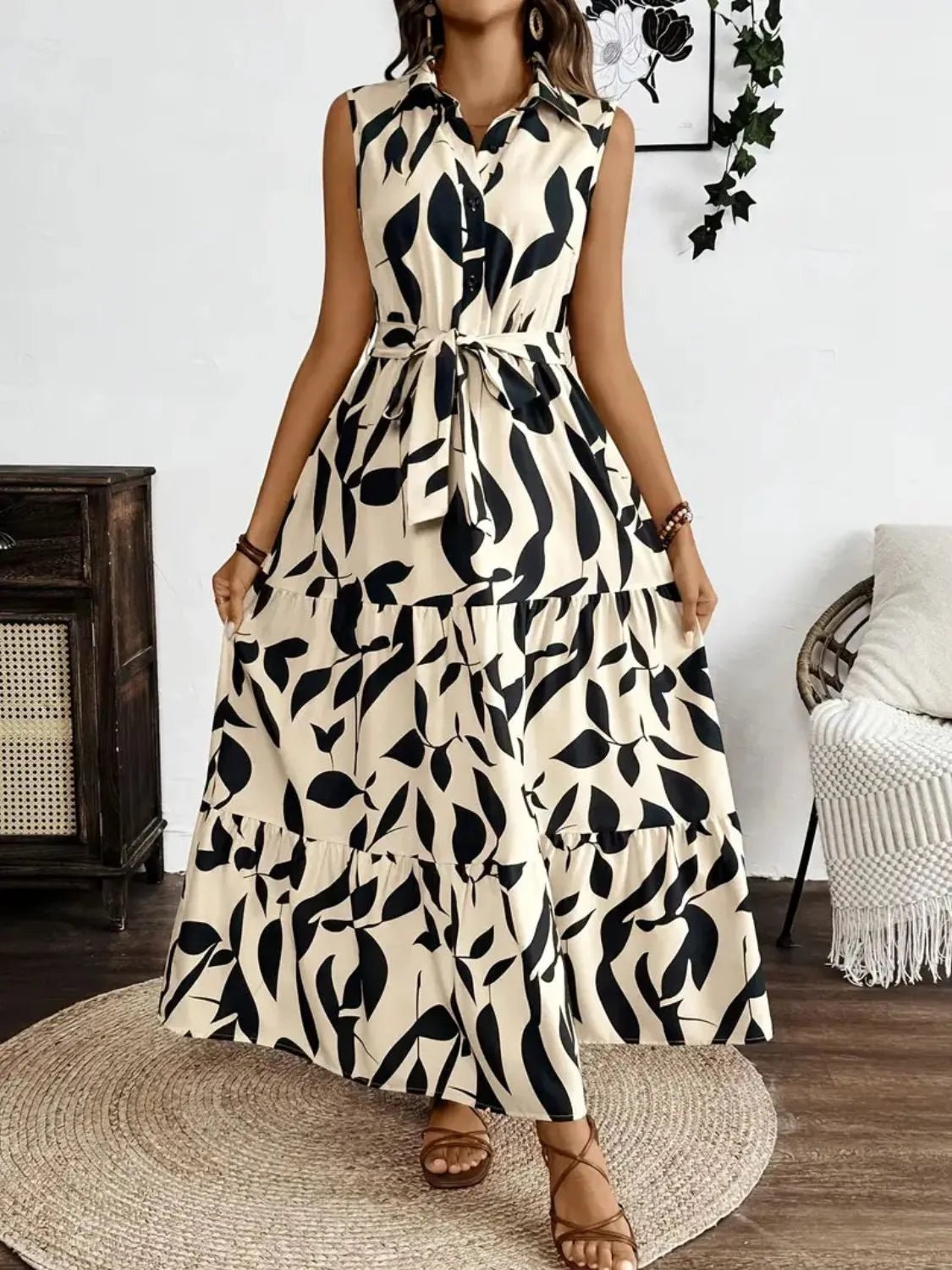 Printed Tie Waist Sleeveless Maxi Dress.