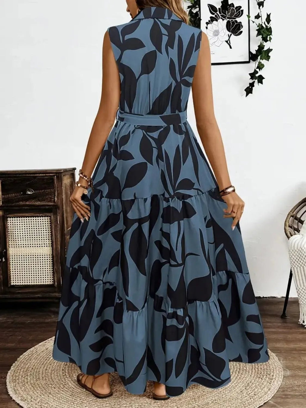 Printed Tie Waist Sleeveless Maxi Dress.
