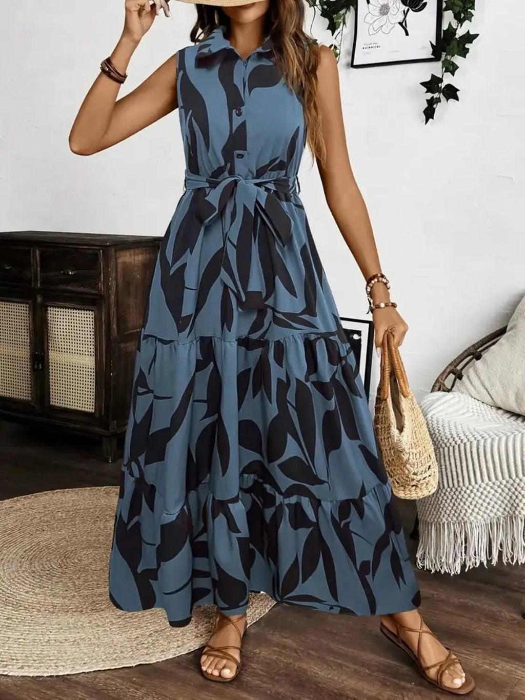 Printed Tie Waist Sleeveless Maxi Dress.