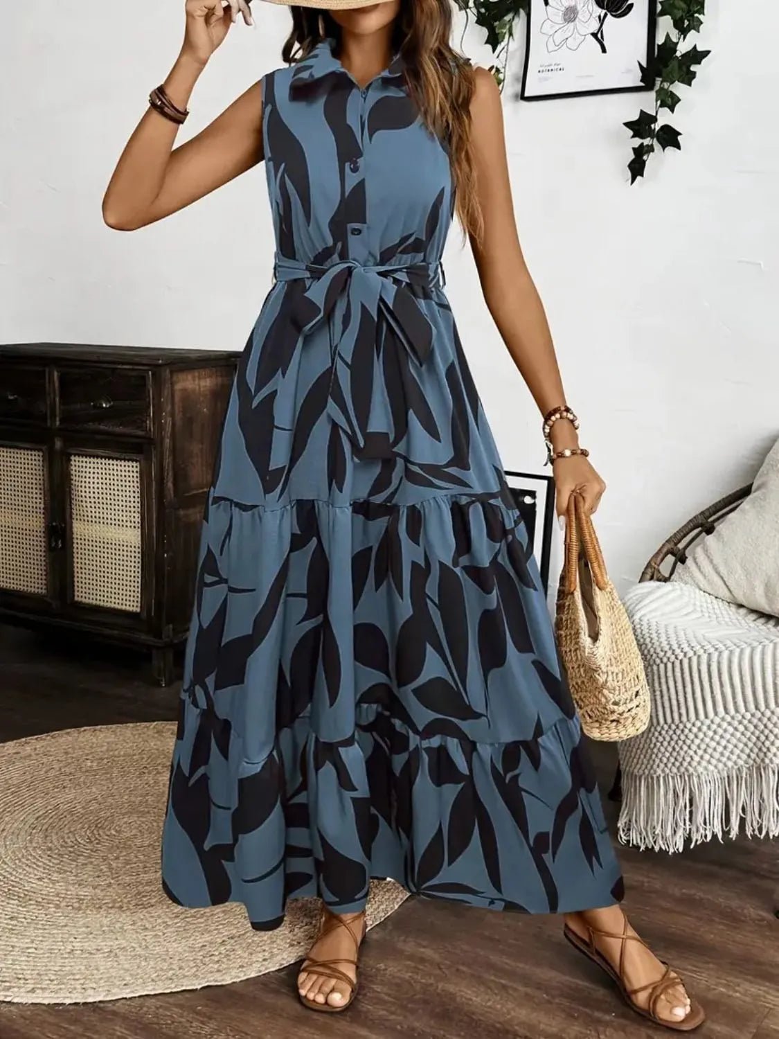 Printed Tie Waist Sleeveless Maxi Dress.
