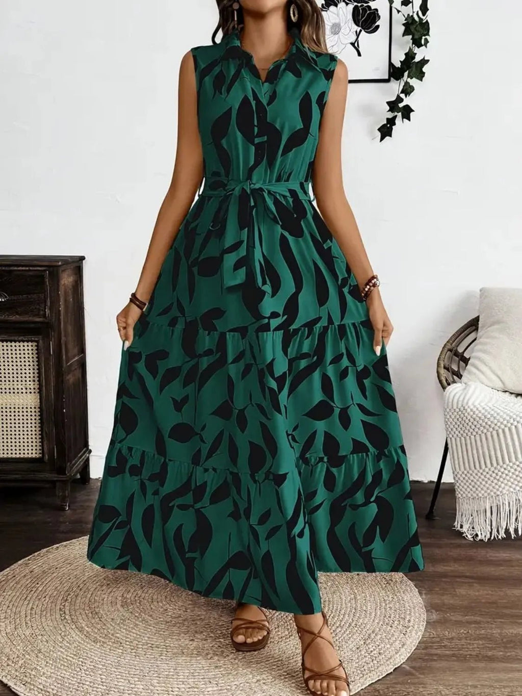 Printed Tie Waist Sleeveless Maxi Dress.
