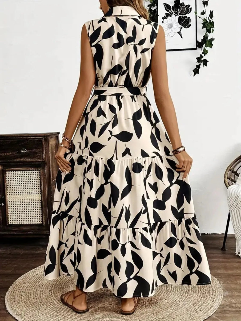 Printed Tie Waist Sleeveless Maxi Dress.