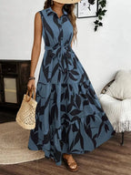 Printed Tie Waist Sleeveless Maxi Dress.