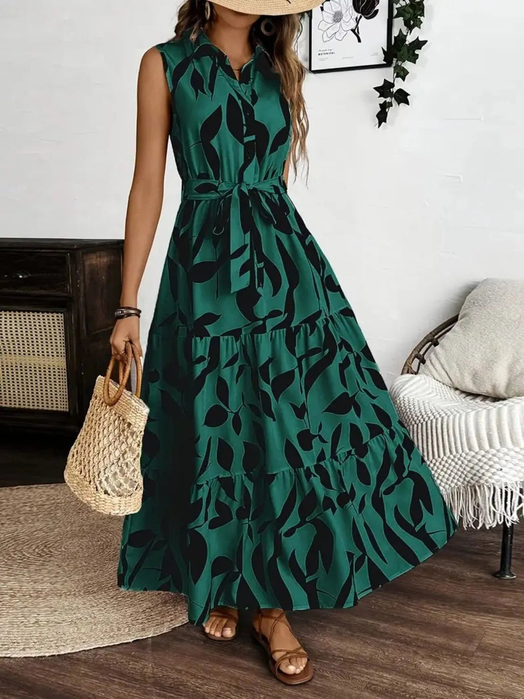 Printed Tie Waist Sleeveless Maxi Dress.