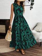 Printed Tie Waist Sleeveless Maxi Dress.