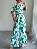 Printed Wide Leg Belted Jumpsuit.