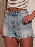 Stylish denim shorts with raw hem detailing for a trendy and casual summer look