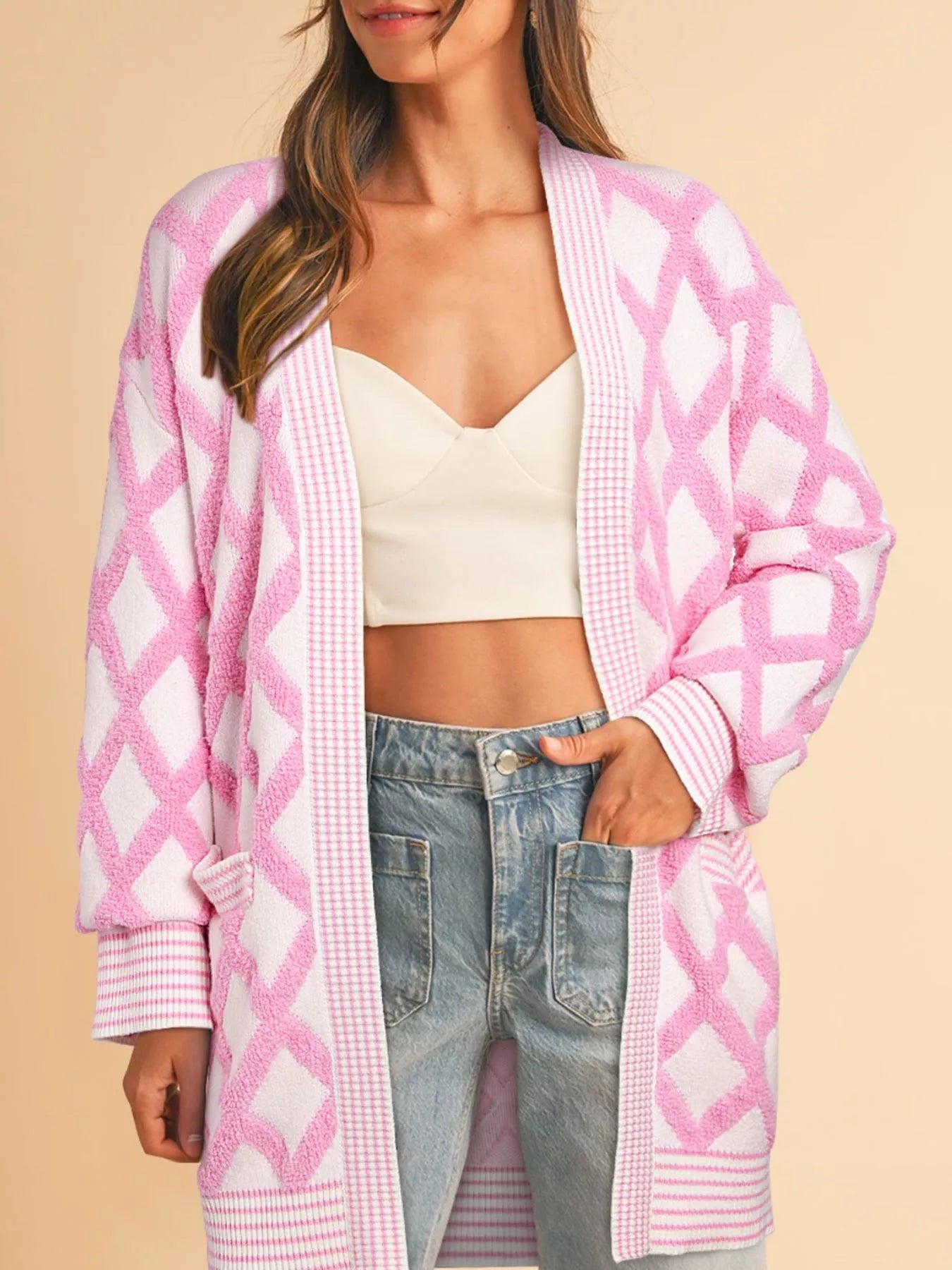 Rhombus Pattern Knit Open Front Pocketed Cardigans.