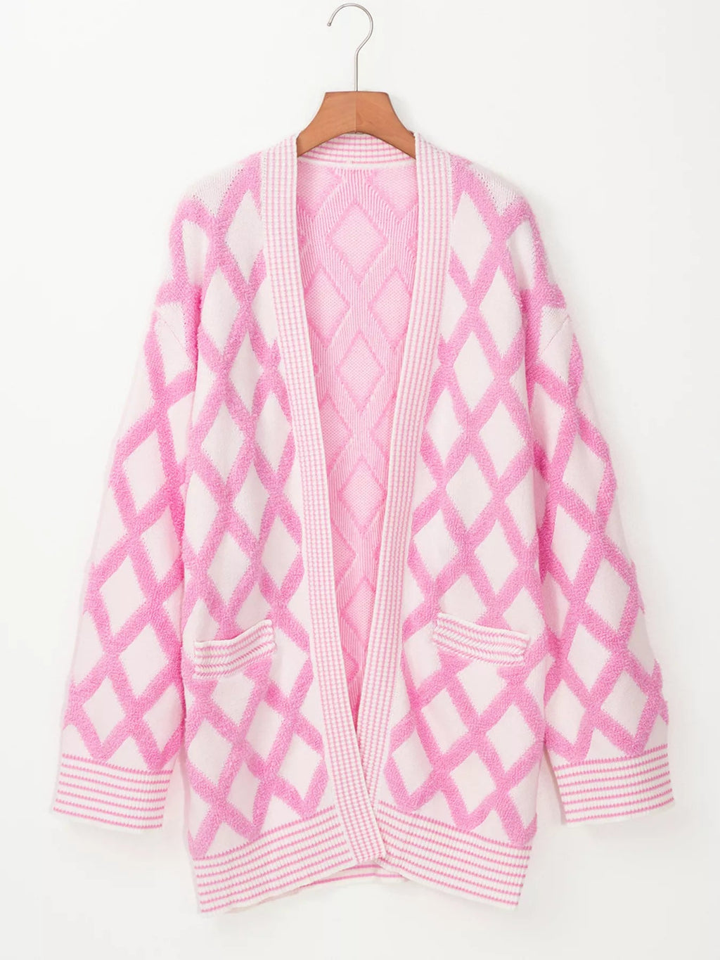 Rhombus Pattern Knit Open Front Pocketed Cardigans.