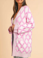 Rhombus Pattern Knit Open Front Pocketed Cardigans.