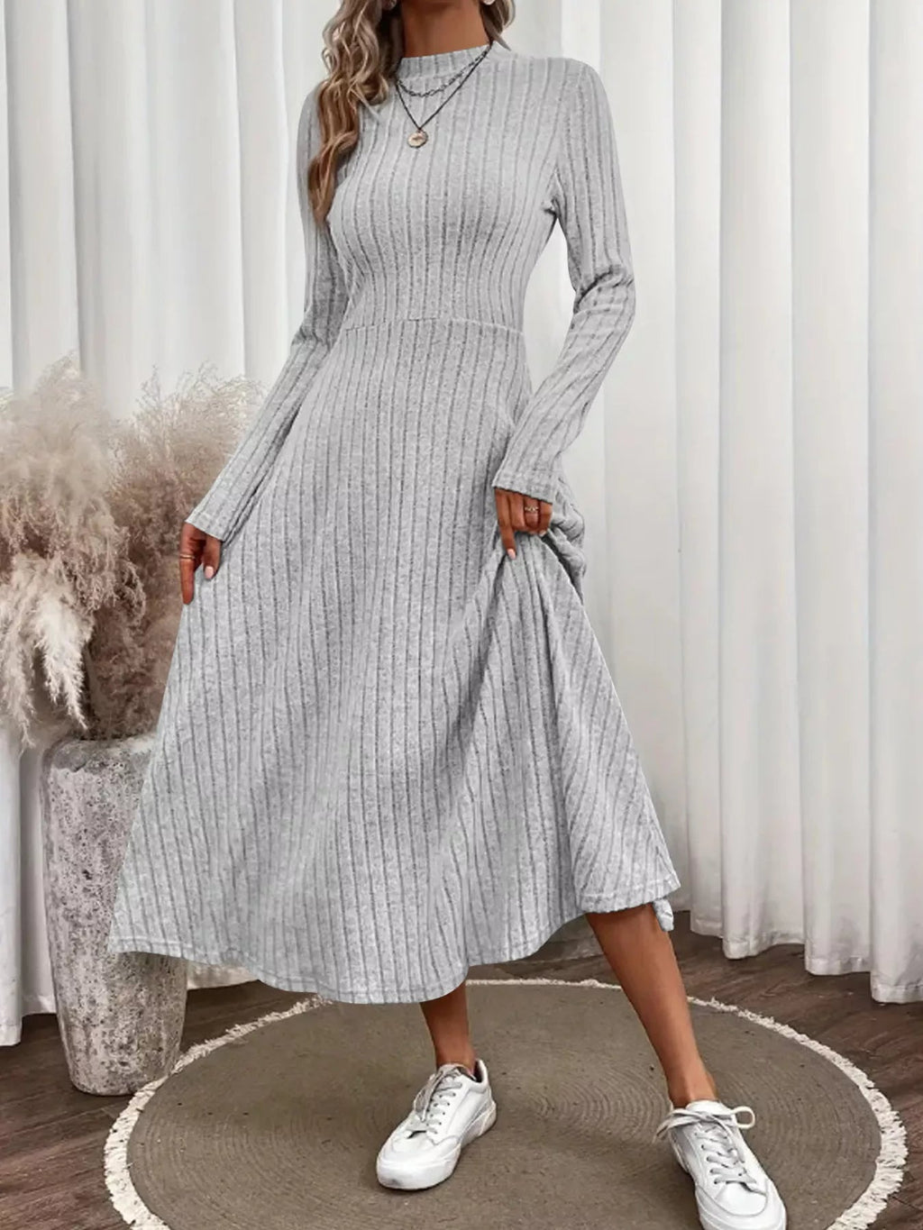 Ribbed Knit A-Line Midi Dress.