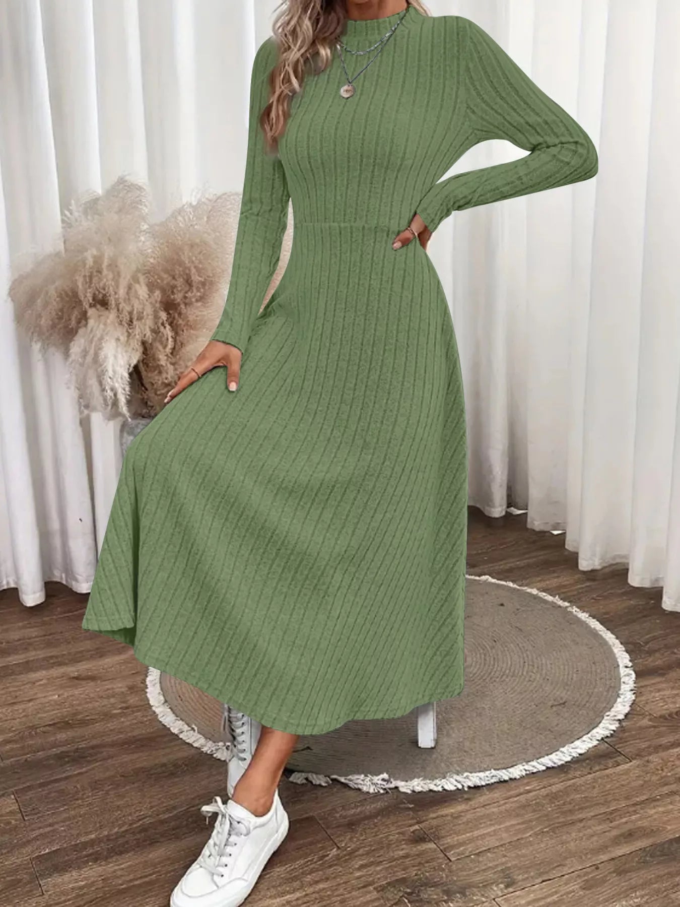 Ribbed Knit A-Line Midi Dress.