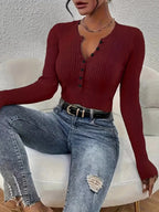 Ribbed Knit Button Front Knit Top.