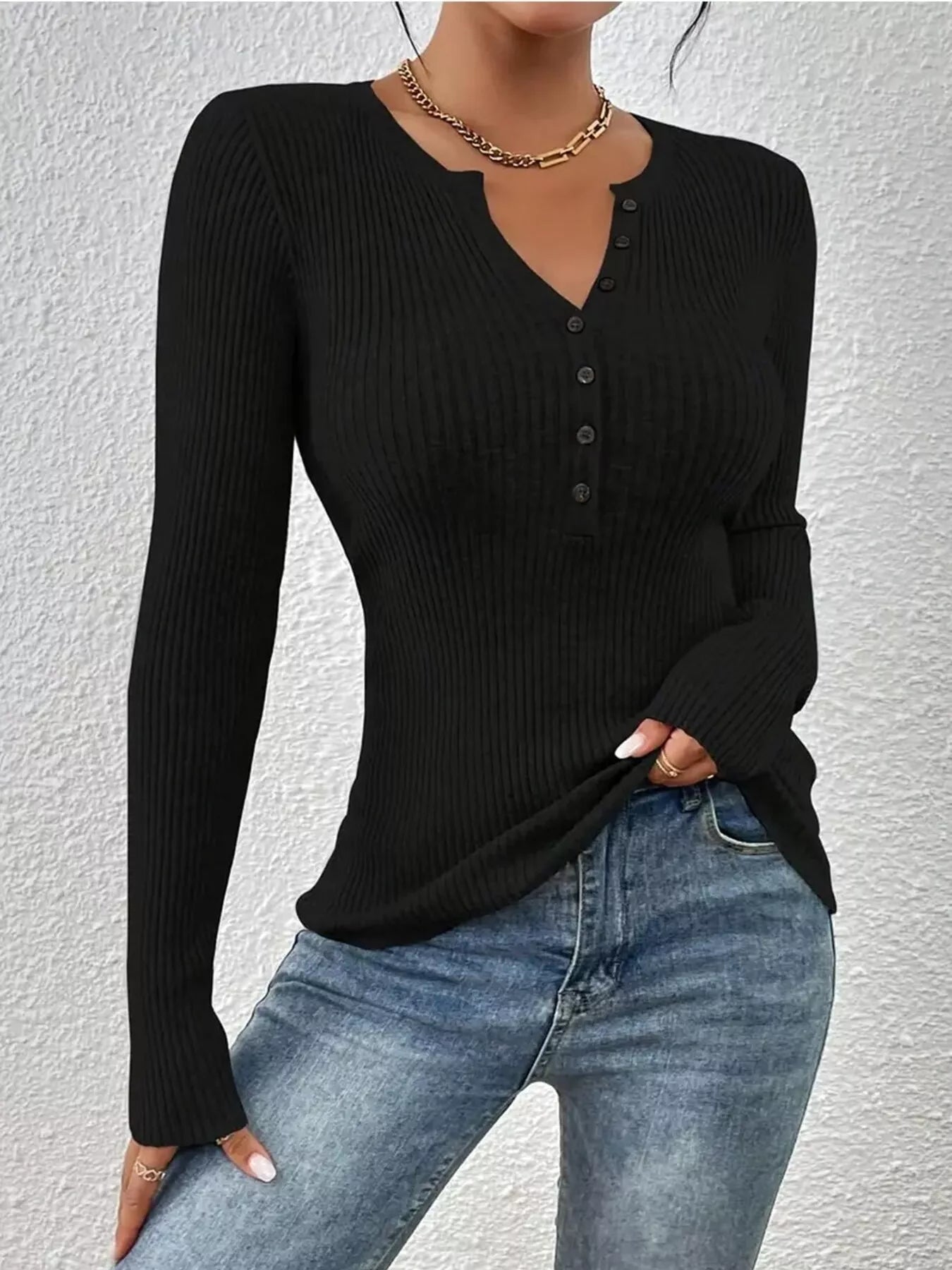 Ribbed Knit Button Front Knit Top.