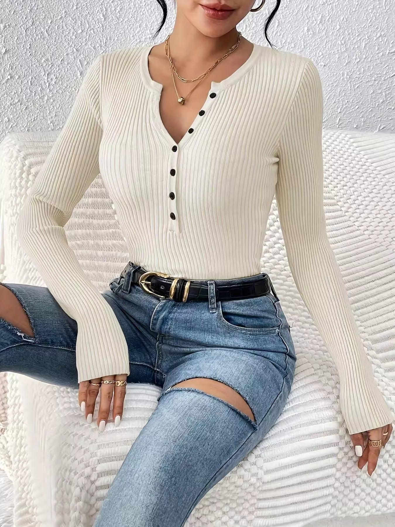 Ribbed Knit Button Front Knit TopKnit Tops