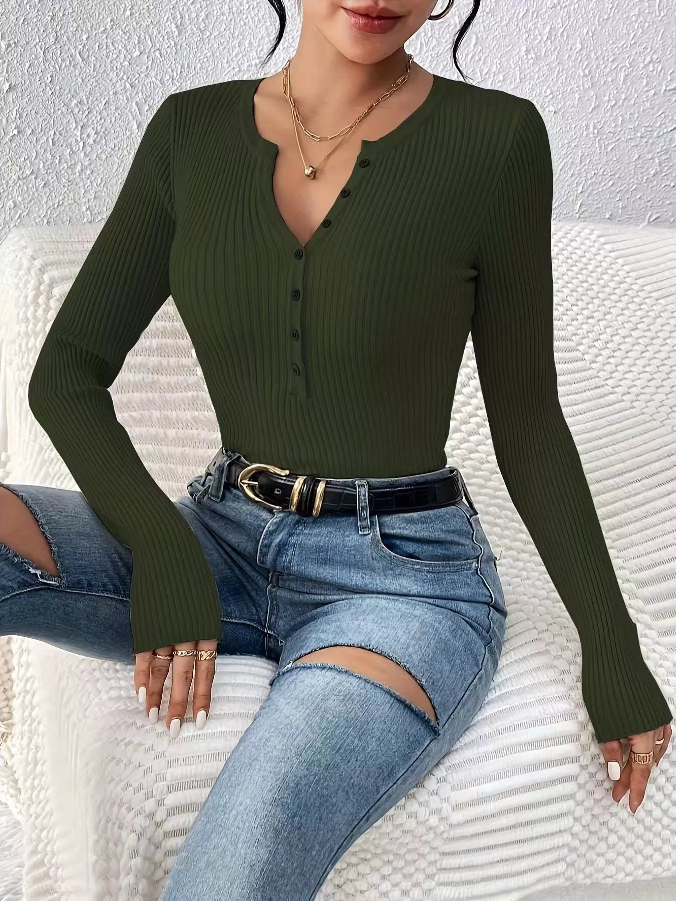 Ribbed Knit Button Front Knit TopKnit Tops