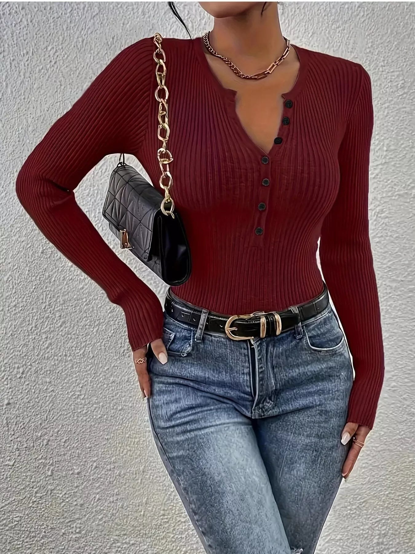 Ribbed Knit Button Front Knit Top.