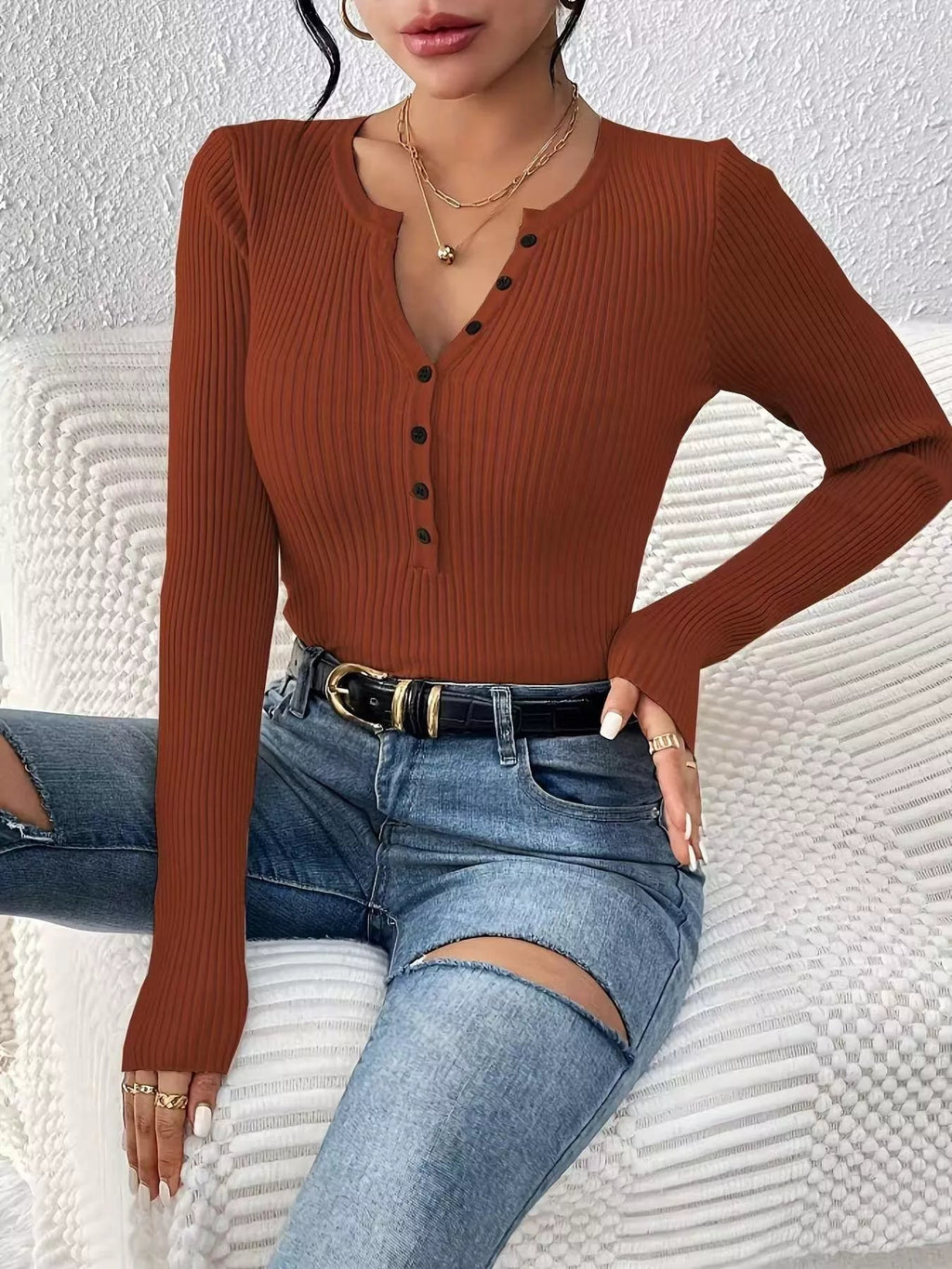 Ribbed Knit Button Front Knit Top.