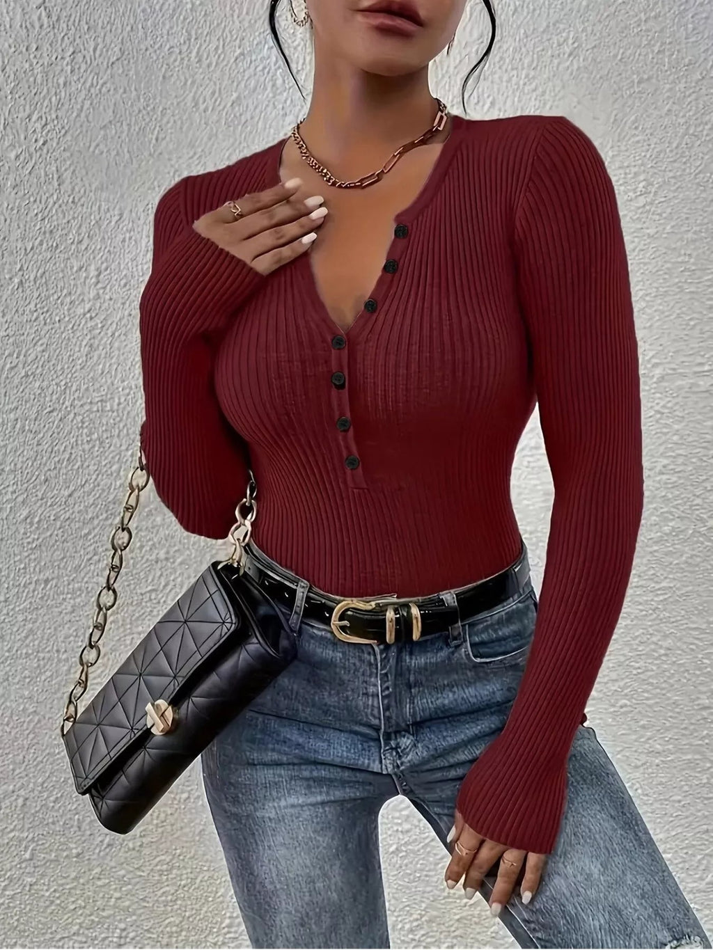 Ribbed Knit Button Front Knit Top.