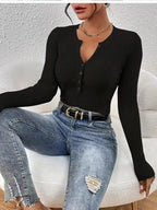 Ribbed Knit Button Front Knit Top.