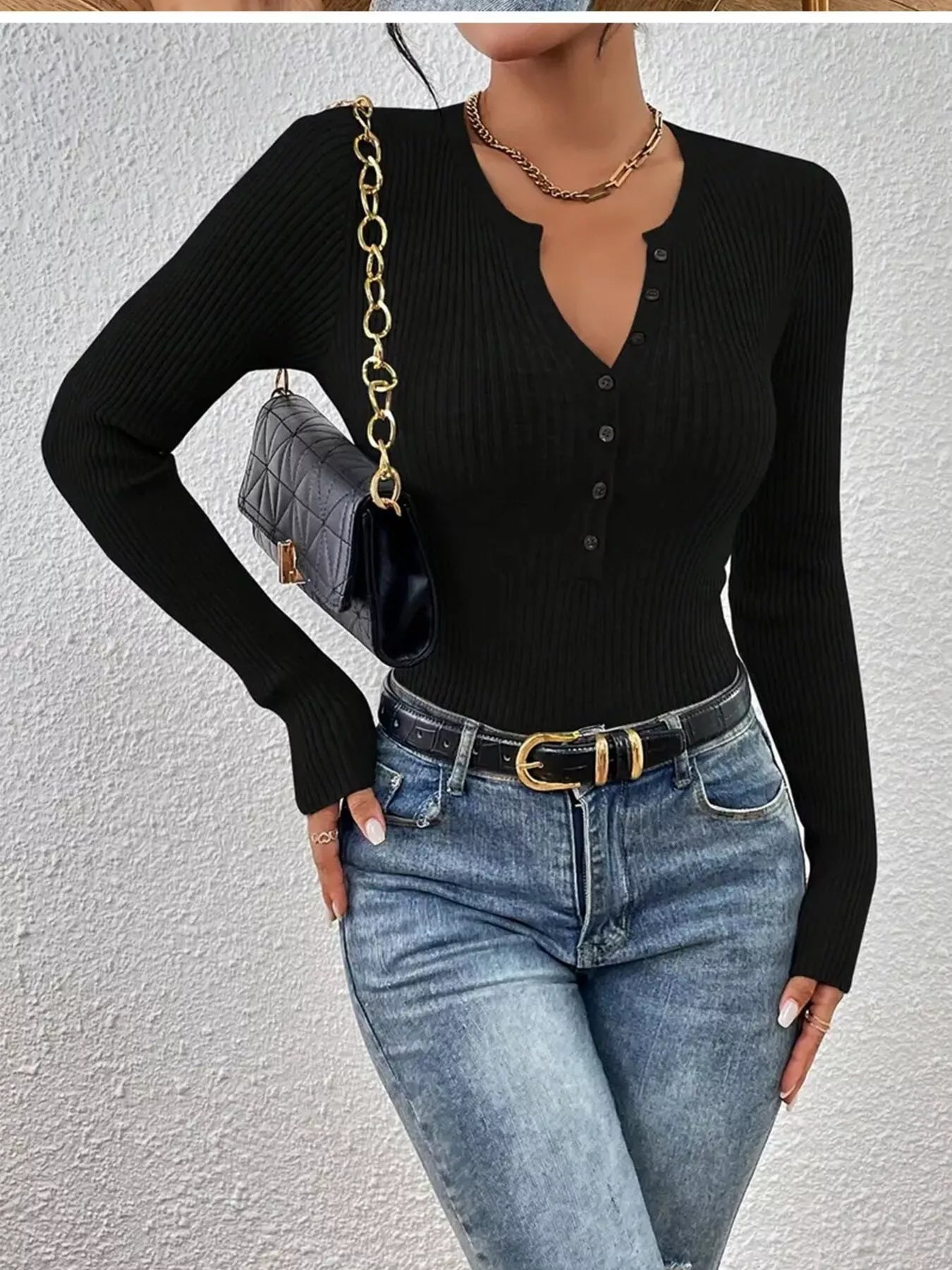 Ribbed Knit Button Front Knit Top.