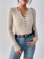 Ribbed Knit Button Front Knit Top.