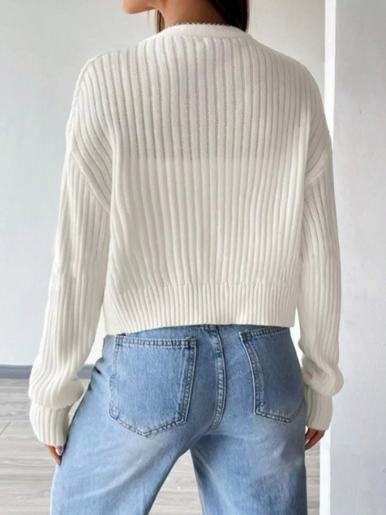 Ribbed Knit Button-Up Cropped Cardigan.