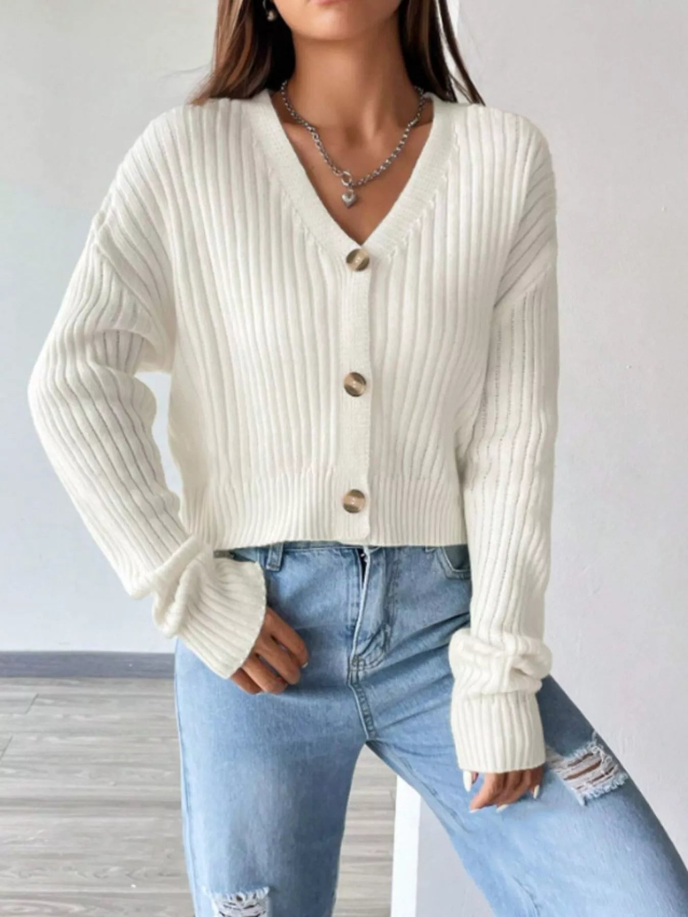 Ribbed Knit Button-Up Cropped Cardigan.