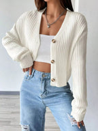 Ribbed Knit Button-Up Cropped Cardigan.
