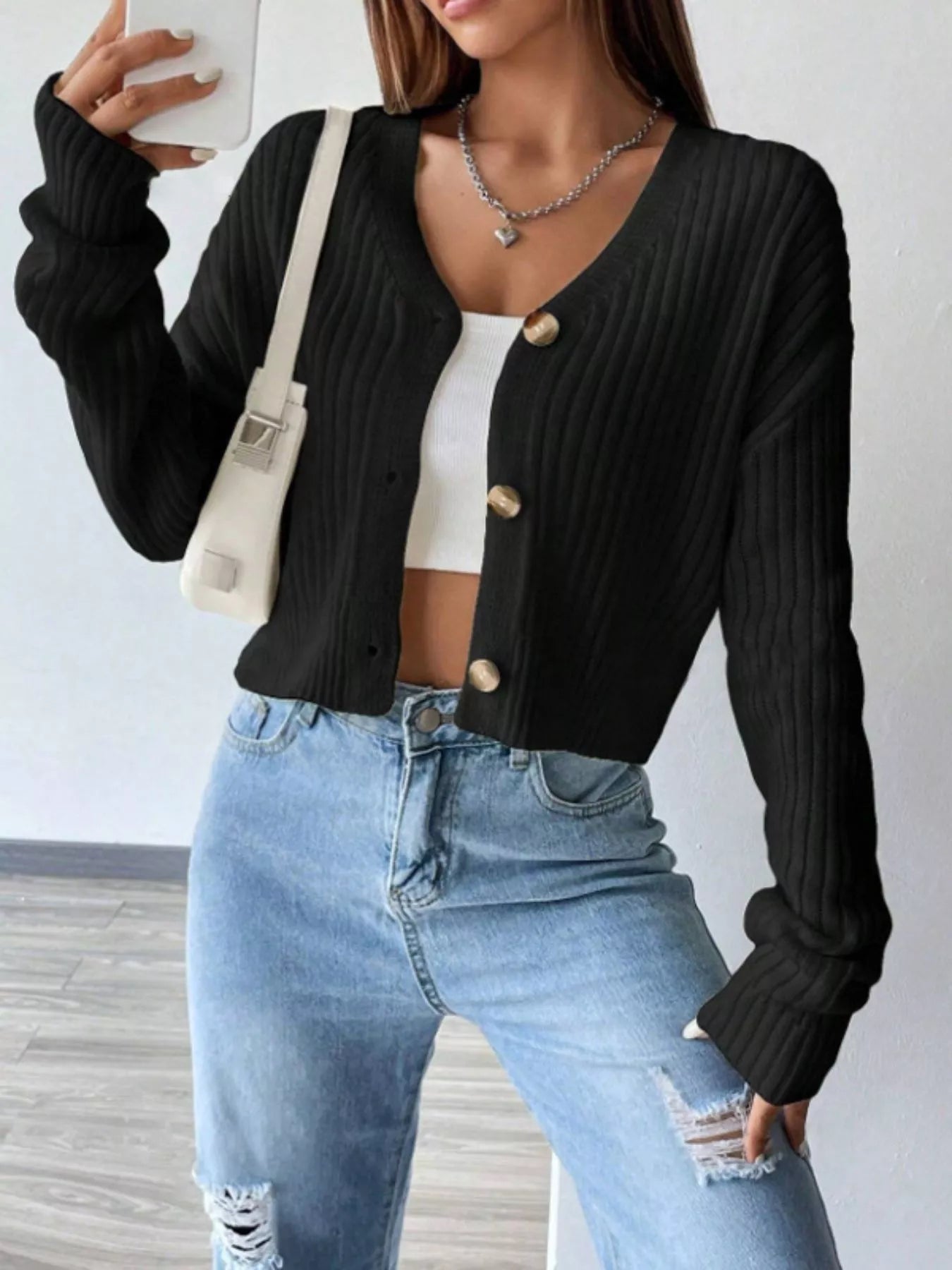 Ribbed Knit Button-Up Cropped Cardigan.