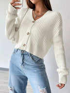 Ribbed Knit Button-Up Cropped Cardigan.