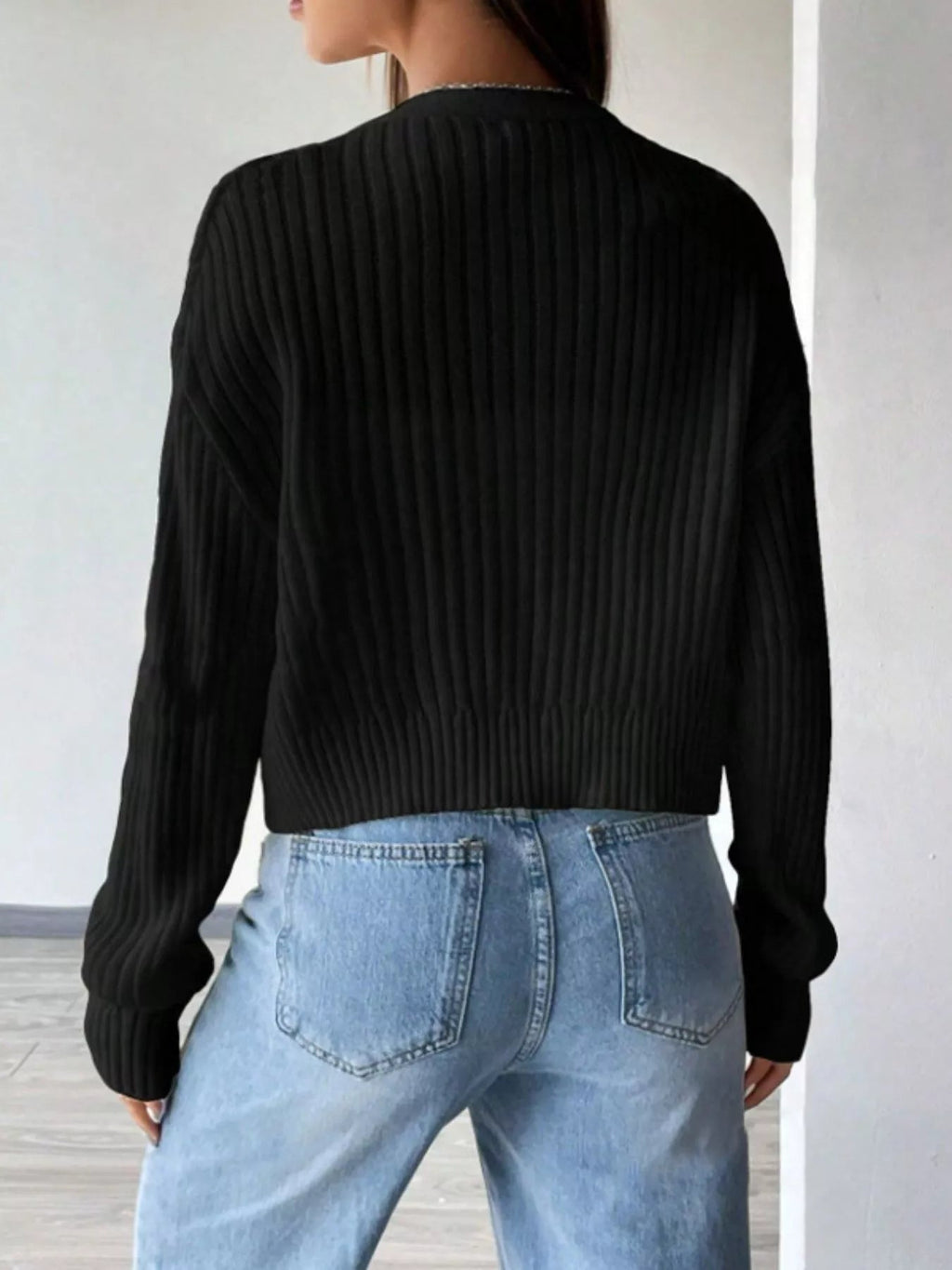 Ribbed Knit Button-Up Cropped Cardigan.