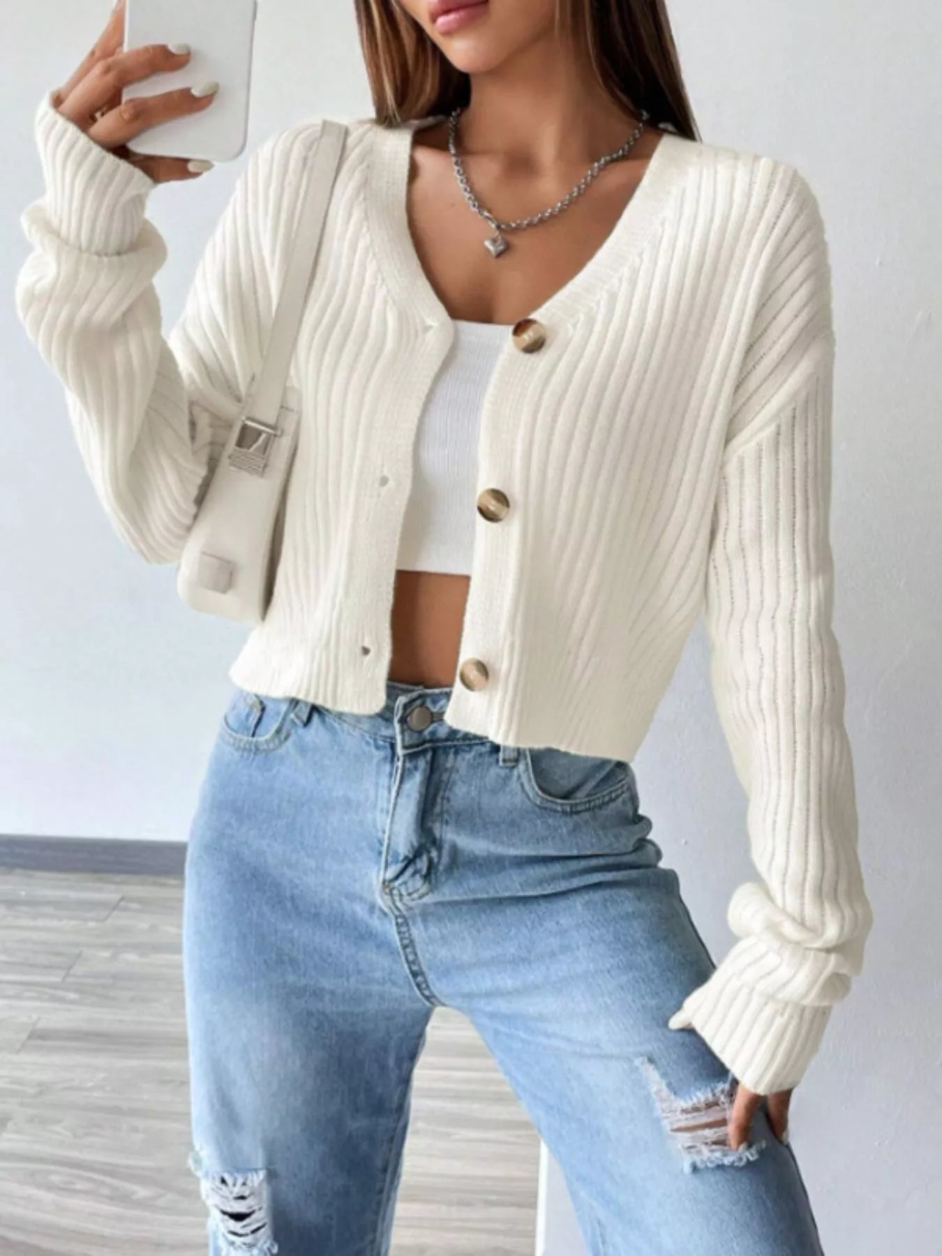 Ribbed Knit Button-Up Cropped Cardigan.