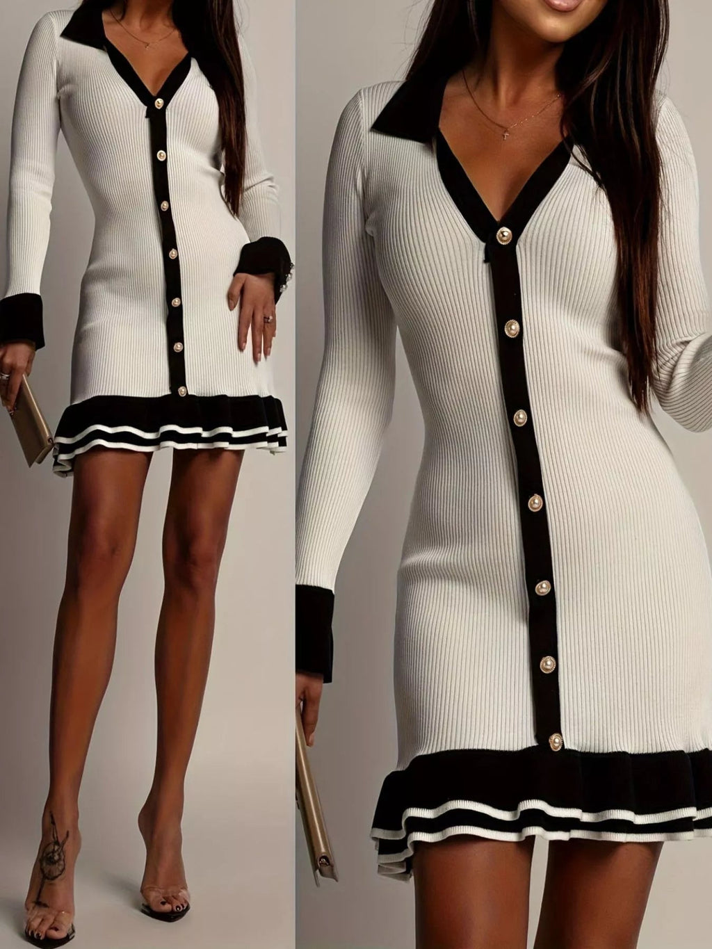 Ribbed Knit Contrast Trim Sweater Dress.