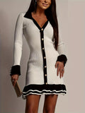 Ribbed Knit Contrast Trim Sweater Dress.