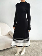Ribbed Knit Sweater Dress with Striped Hem.